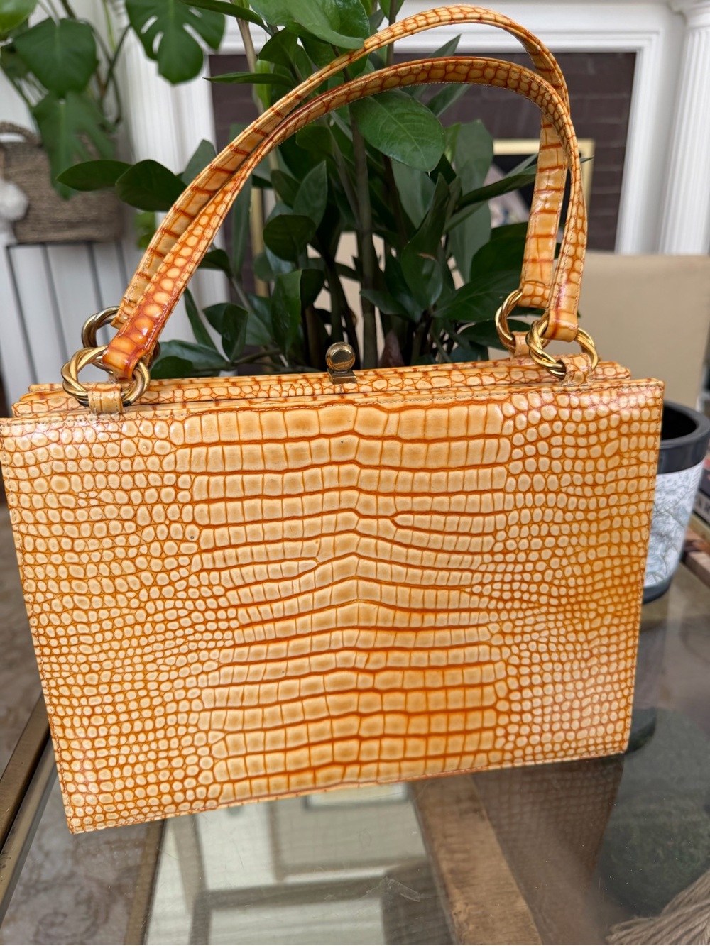 Croc-Embossed gold leather Top-Handle Satchel